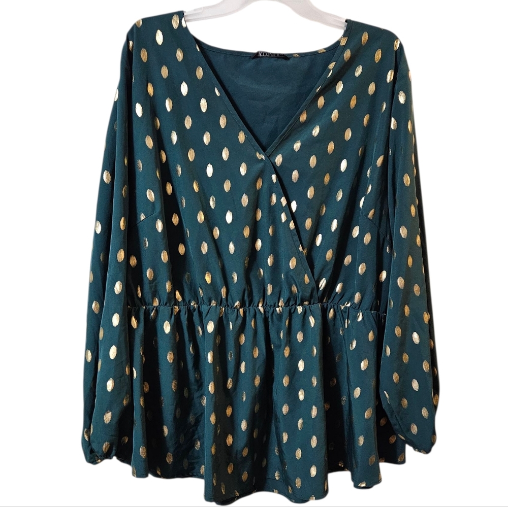 $7 If Bundled! BloomChic Dark Green Blouse with Gold Dots